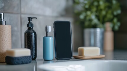 Smartphone next to toothbrush and soap, bathroom surface