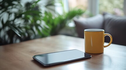Smartphone on a clean dining table with coffee mug