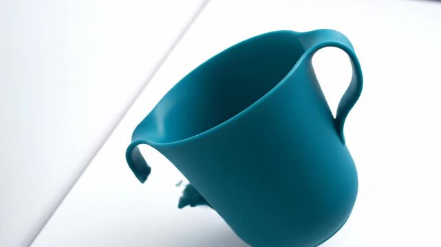 A flexible teal silicone cup transforms its shape. Water is poured into the innovative, adaptable drinking vessel.