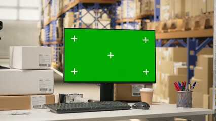 Empty warehouse with mockup display on computer monitor, ideal for logistics or tracking software...