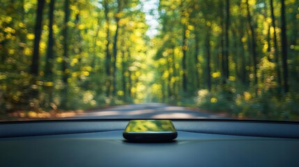 Fototapeta premium Smartphone on car dashboard with forest background 