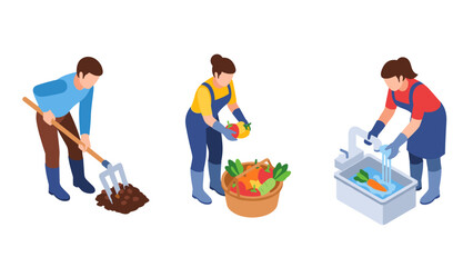 Isometric farming activities: planting, harvesting, and cleaning fresh produce