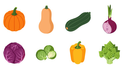 Fototapeta premium Assorted fresh vegetables on white background in flat style