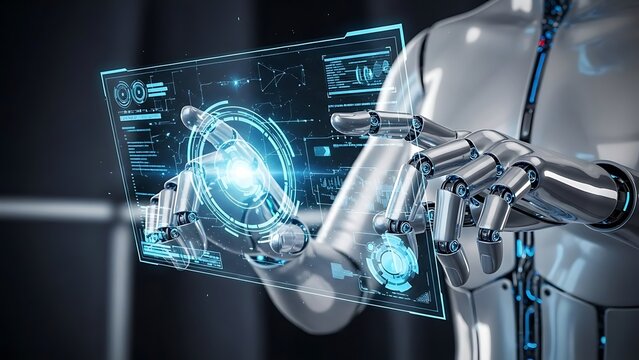 Technological Dexterity: A cutting-edge robotic entity engages with a holographic interface, embodying the future of technological interaction and the seamless integration of innovation.