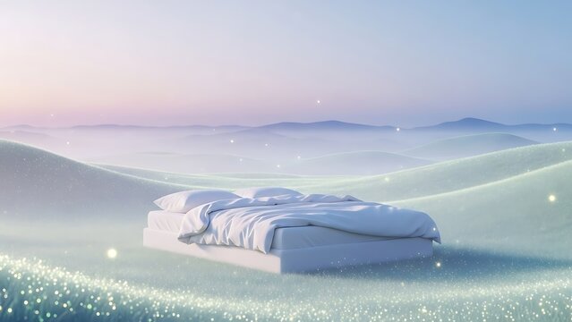 Dreamscape Bed: A tranquil bed sits serenely in a dreamy meadow, inviting visions of peace and serenity. A surreal scene of comfort and ethereal beauty.