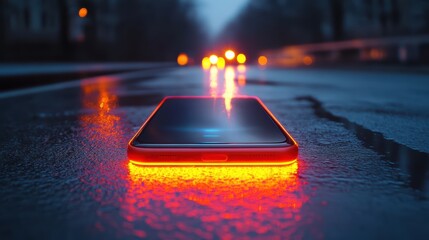 Smartphone reflecting dashboard light at night 