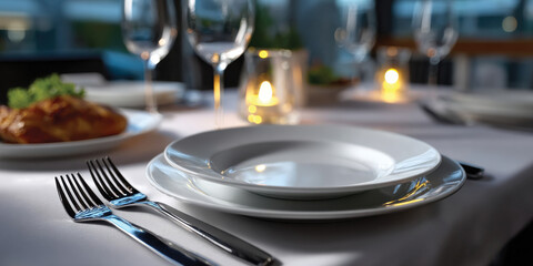 An elegantly arranged dining table featuring fine china and soft candlelight, portraying a serene atmosphere ideal for intimate gatherings and fine dining experiences.