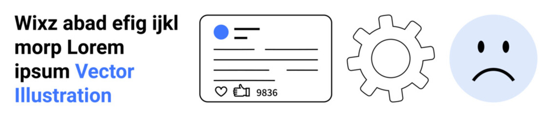 Fototapeta premium Social media, online feedback, user settings, digital engagement, content interaction, emotional response. A profile card, gear icon and sad face icon. Social media and online feedback concept