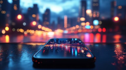 Smartphone resting on a car dashboard with city lights reflection 