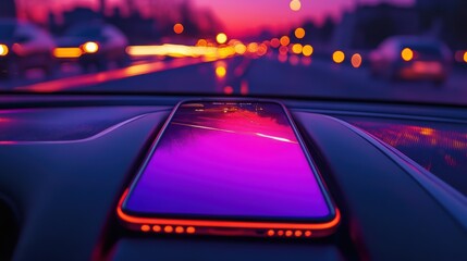 Smartphone reflecting dashboard light at night 
