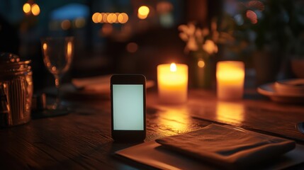 Smartphone screen glowing in dim table setting