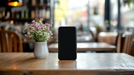 Smartphone with black screen on dining table