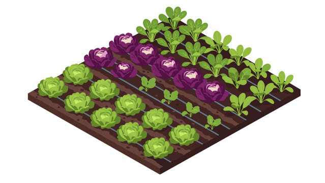 Lush isometric garden with vibrant cabbage and lettuce rows