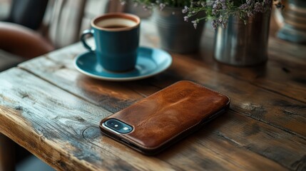 Smartphone with leather case on table 