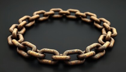 Fototapeta premium Metallic chain forms circle on black background. Chain has interlocking links, emphasizing strength, connection. Its weathered texture suggests durability, history, suitable for diverse symbolic uses.