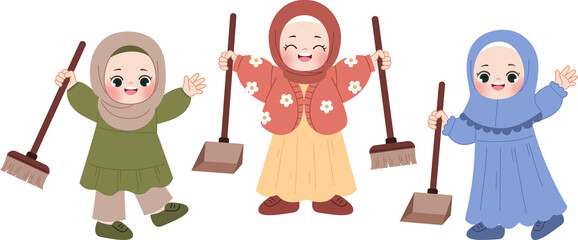 muslim kids cleaning with broom and dustpan