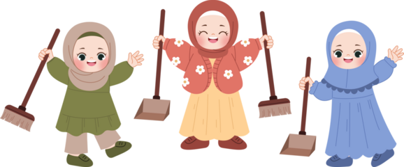 muslim kids cleaning with broom and dustpan