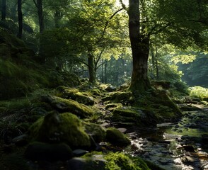 Obraz premium A beautiful photograph of an English forrest, moss, large trees, soft sunlight coming through, romantic image, clear and sharp, depth of vision, cinematic lighting