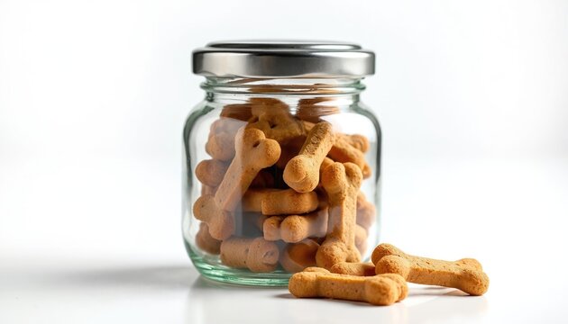 Glass jar filled with bone shaped dog treats on clean white surface. Some biscuits lie near jar. Pet food, nutrition concept. Puppy snacks, reward.