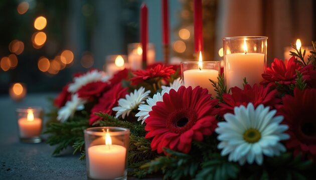 A memorial wreath with red and white flowers and lit candles sits on a dark surface. Red candles stand behind the floral arrangement. Soft bokeh lights add a peaceful glow.