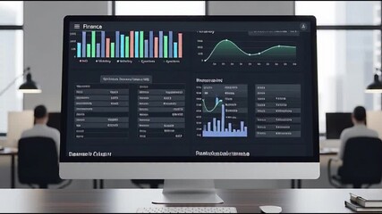 Modern office computer displaying various business analytics and data visualization graphs on its screen - Powered by Adobe