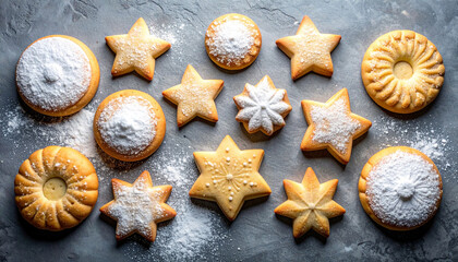 Assorted butter cookies with powdered sugar