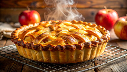 Homemade apple pie with lattice crust cooling