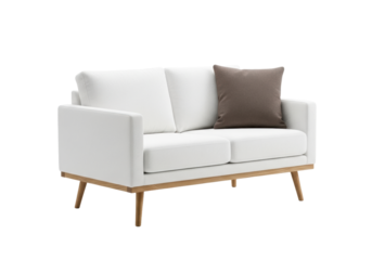 transparent scandinavian style loveseat upholstered in textured fabric with ash wood legs and a taupe pillow, presented in a high-key professional studio setup, functional minimalism concept