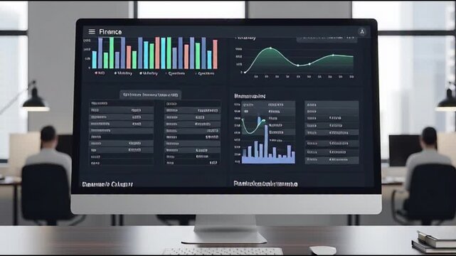Modern office computer displaying various business analytics and data visualization graphs on its screen - Powered by Adobe
