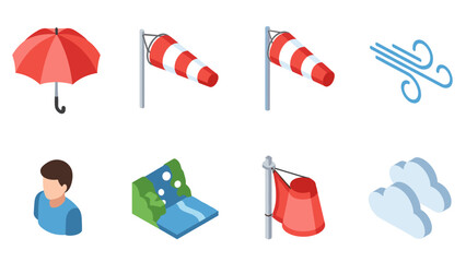 Weather icons pack with isometric umbrella, wind sock, and cloud designs