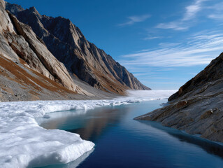 A stunning glacial landscape reveals tranquil reflections on icy waters, showcasing majestic mountains under a pristine blue sky, embodying nature's untouched beauty.