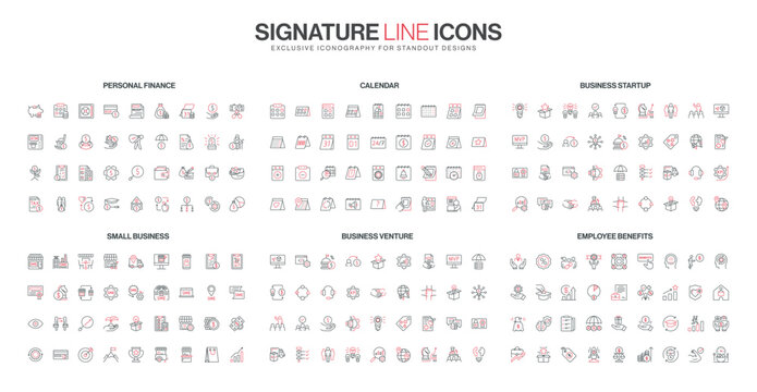 Comprehensive set of thin line icons covering personal finance, calendar, business startup, small business, venture, and employee benefits topics isolated vector illustration