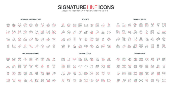 Comprehensive line icon set covering molecular structure, science, clinical study, machine learning, data analysis, and data science topics isolated vector illustration