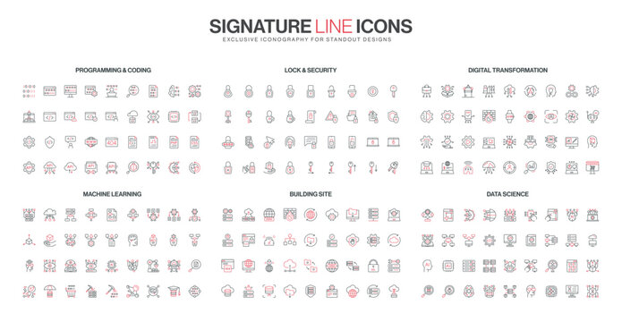 Modern line icons set covers programming, cybersecurity, digital transformation, machine learning, construction, and data science concepts in a minimal red and black isolated vector illustration