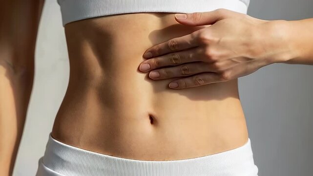 A woman's hand touching the abdomen, showcasing physical fitness and health