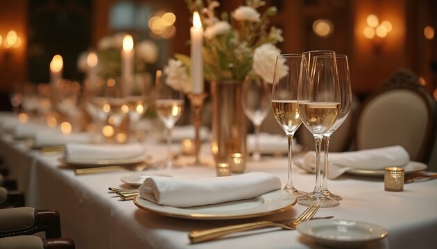 Formal dining table setting with elegant place settings, champagne glasses. Candles, floral arrangement on restaurant table. White tablecloth, gold cutlery await guests for special celebration.