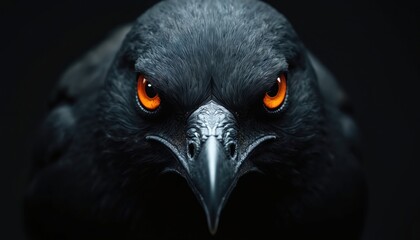 Obraz premium Close-up black bird face with vibrant orange eyes. Dark feathers and sharp beak create intense look. Wild animal in its natural dark habitat. Focus on bird head.