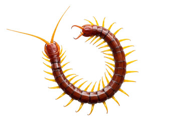 Fototapeta premium Large menacing giant centipede with glossy reddish-brown segmented body and vibrant yellow legs, macro overhead shot on a transparent studio background; clinical dangerous entomology concept