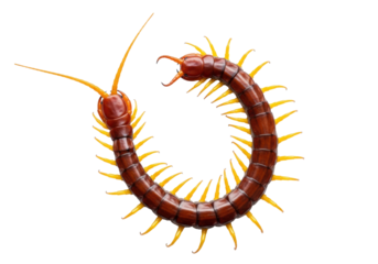 Large menacing giant centipede with glossy reddish-brown segmented body and vibrant yellow legs, macro overhead shot on a transparent studio background; clinical dangerous entomology concept