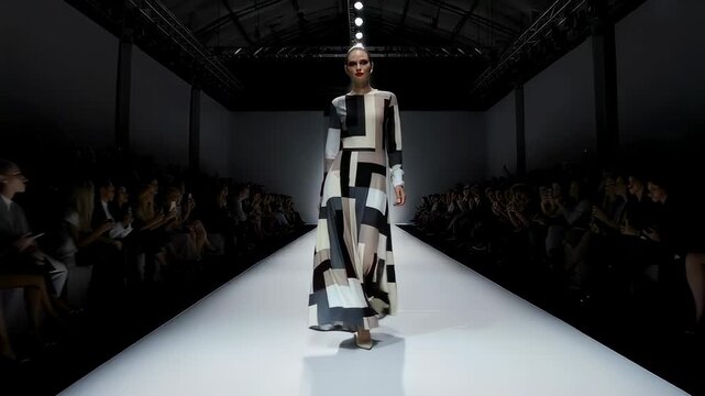 Fashion runway model walking in a geometric patterned dress with a minimalist stage setup with audience watching.