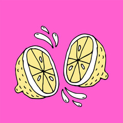 Hand drawn vector illustration of two lemon halves with juice splashes on bright pink background, playful doodle.