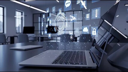 Modern office workspace with laptop and futuristic digital interface on a sleek desk - Powered by Adobe
