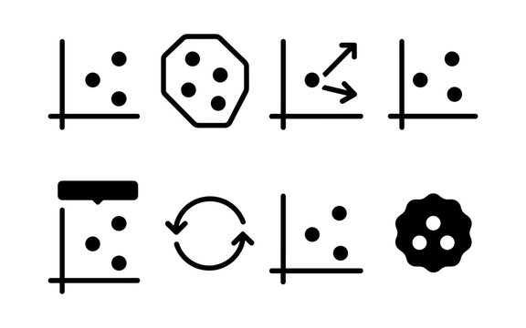 Collection of data visualization icons including scatter plots, clusters, and cyclical processes