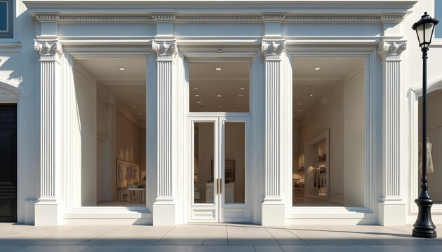 Modern white boutique storefront facade with large glass windows and double doors. Elegant classical columns frame the entrance. Empty sidewalk and street lamp suggest an urban evening setting.