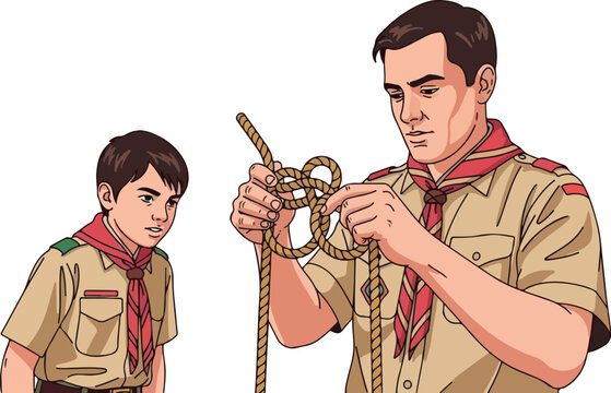 A dedicated scout leader demonstrates the intricate art of knot tying to an attentive young scout, fostering learning and skill development in outdoor education