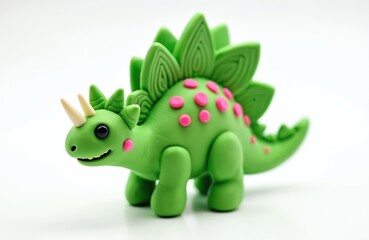 Fototapeta premium Cute green stegosaurus model made from play dough. This handmade clay toy has pink spots and beige horns. It stands alone on a white background.