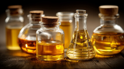 Glass bottles filled with essential oils representing natural remedies wellness aromatherapy and alternative medicine.
