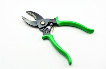 Garden shears with bright green handles and sharp steel blades sit on a plain white backdrop. This tool is perfect for pruning branches and maintaining plants in any garden setting.