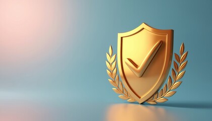 Gold shield with check mark and laurel leaves represents success and security. This symbol assures quality and achievement, signifying excellence and trust in business or personal accomplishments.