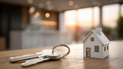 House keys placed next to a small model home illustrating real estate ownership, property access and home buying concept.
